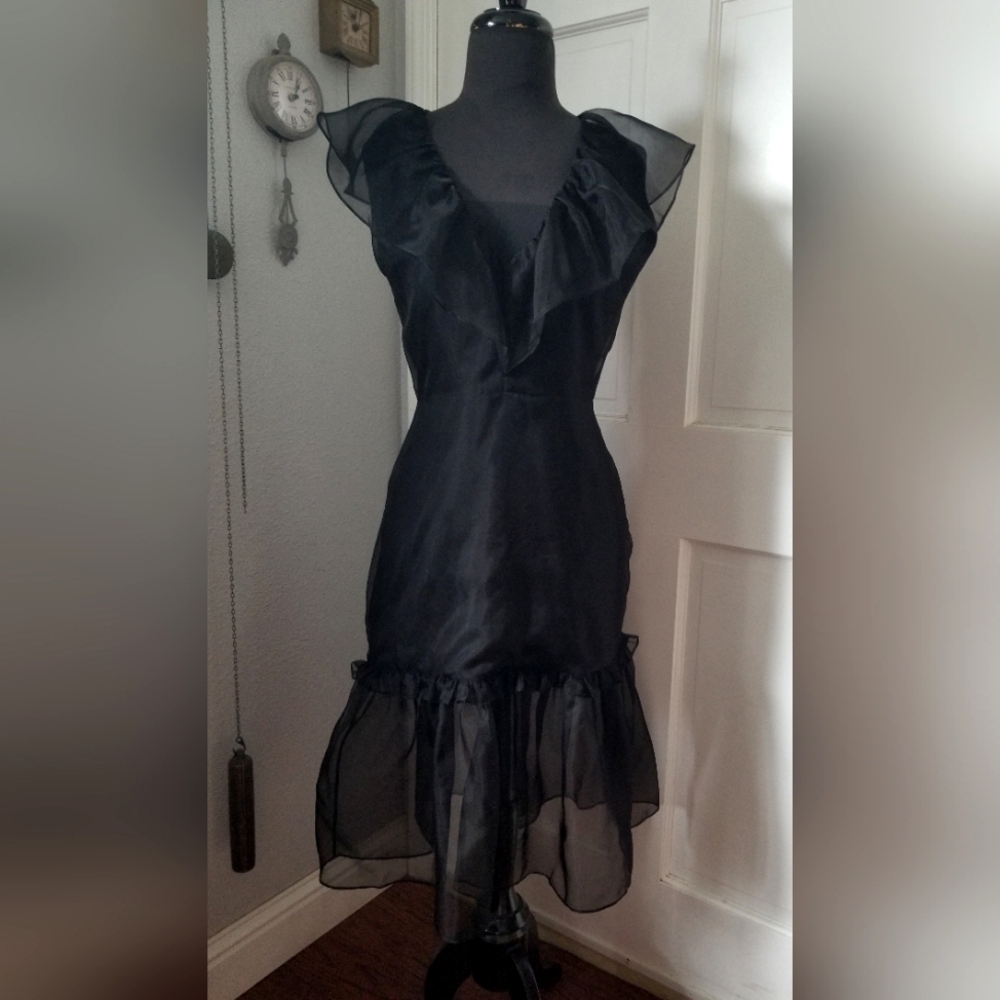100% Silk Black Ruffle Dress